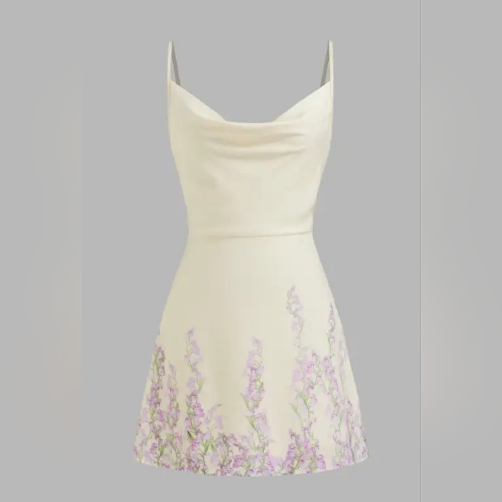Cider Cream Strapless Mini Dress with Lavender Floral Hem